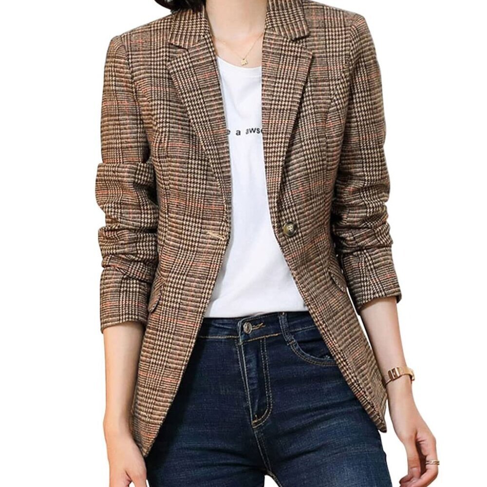 Women's Houndstooth Plaid Blazer Jacket Notch Lapel 2 Button Boyfriend Fit